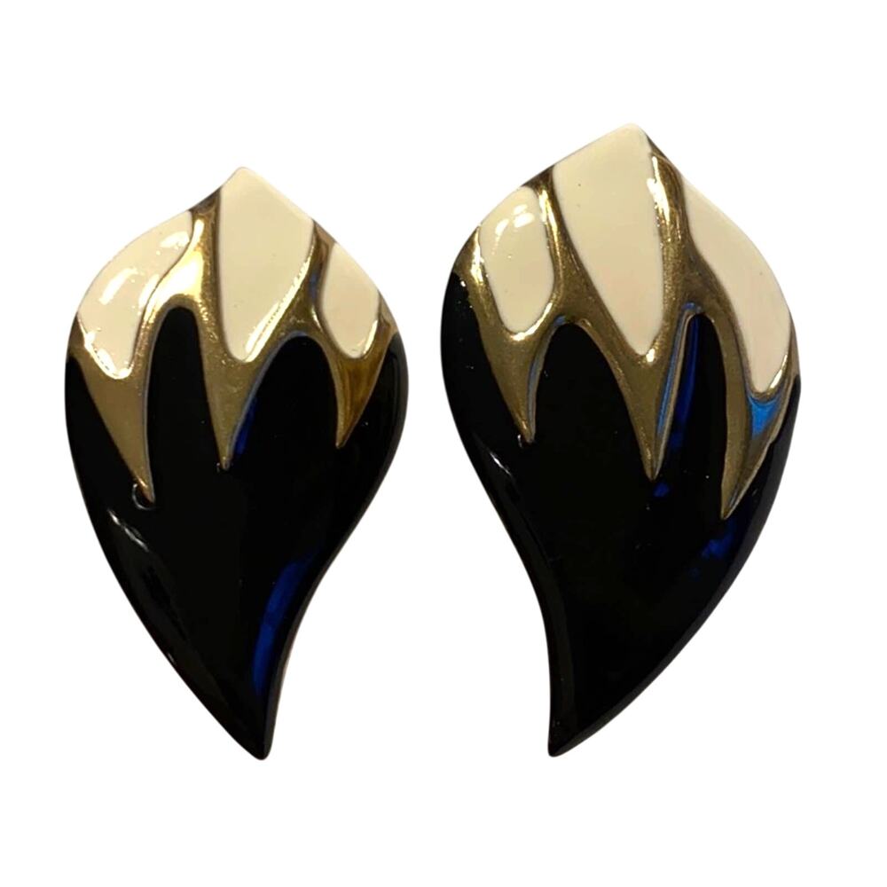 Vintage 80's mod pierced earrings goldtone with black & cream enamel finish